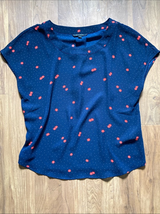 Banana Republic Tops - Banana Republic Navy Blouse with Red Flowers and  Polka Dot Print Semi Sheer